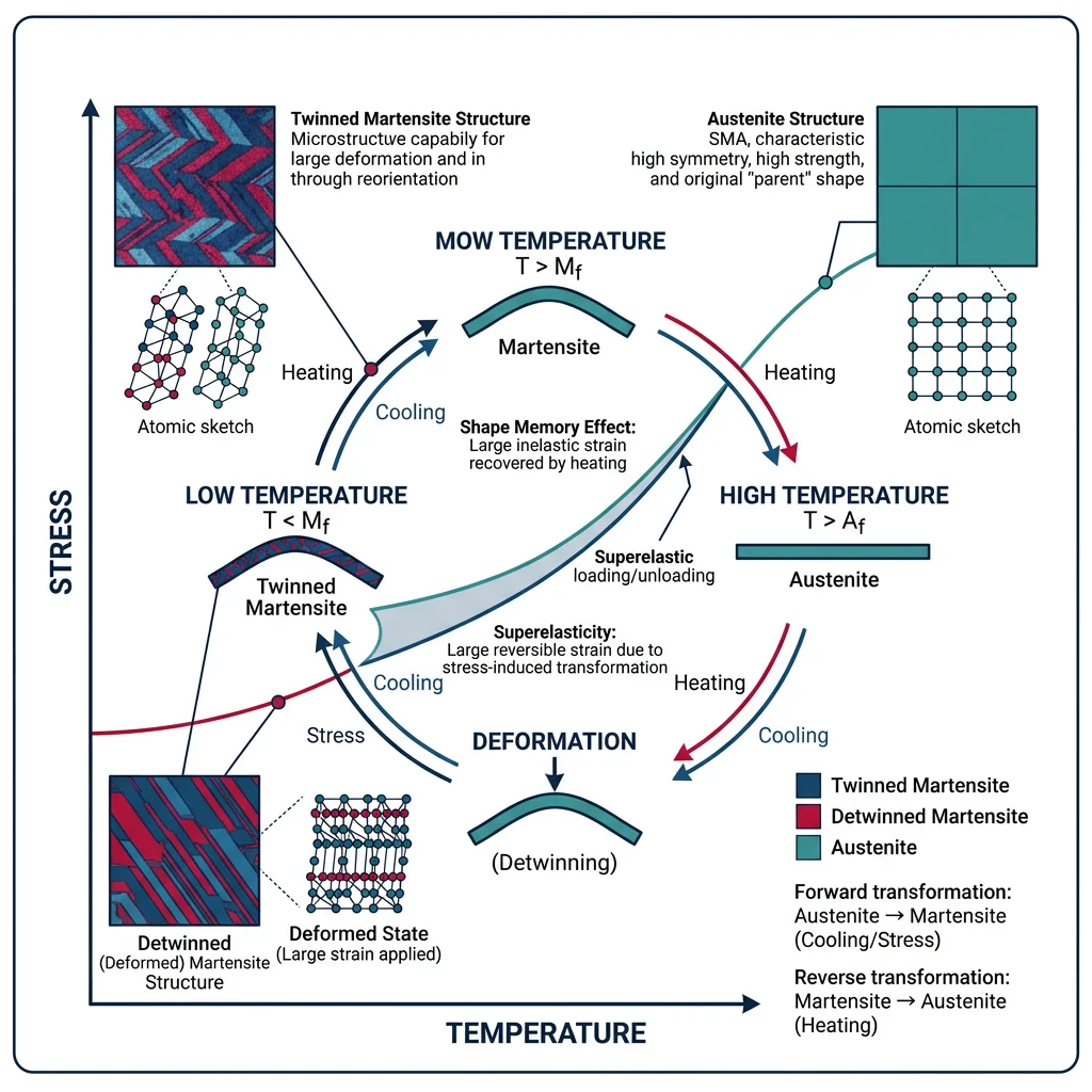 Shape memory alloy transformation cycle showing martensite to austenite phase change with temperature and stress axes