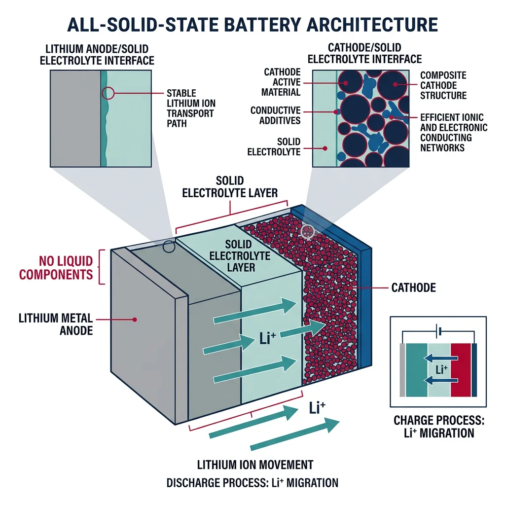 Solid-state battery architecture showing solid electrolyte layer between lithium metal anode and cathode with no liquid components