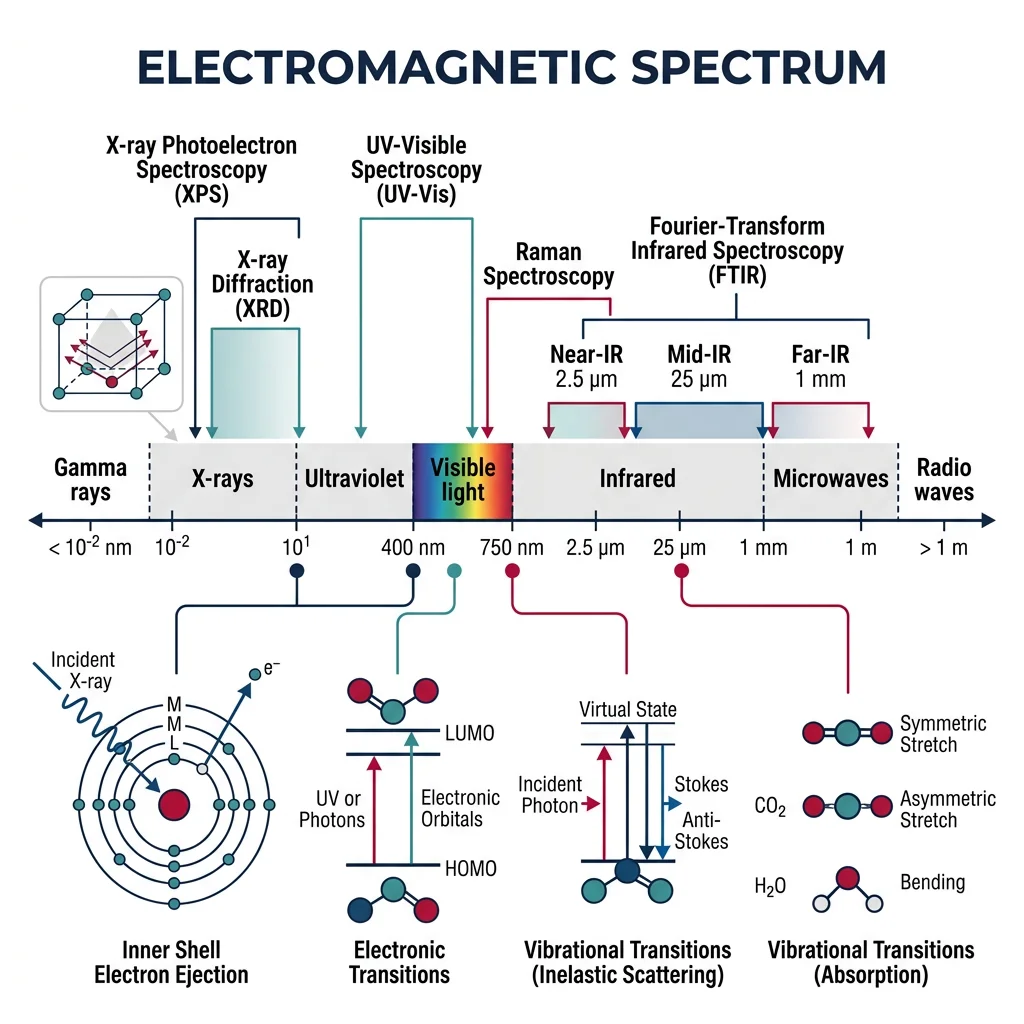 Electromagnetic spectrum showing wavelength ranges used by FTIR, Raman, UV-Vis, XPS, and other spectroscopic techniques
