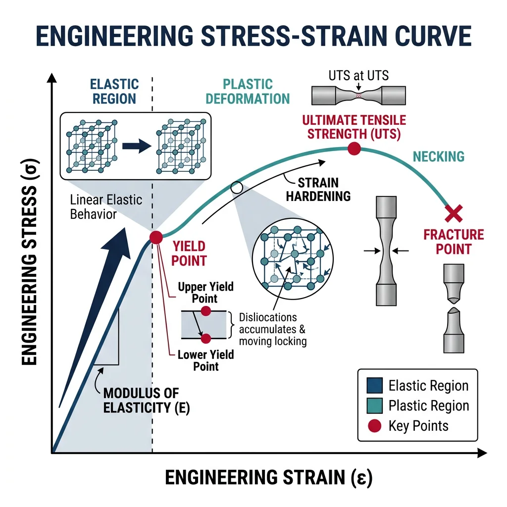 Annotated engineering stress-strain curve showing elastic region, yield point, plastic deformation, UTS, necking, and fracture