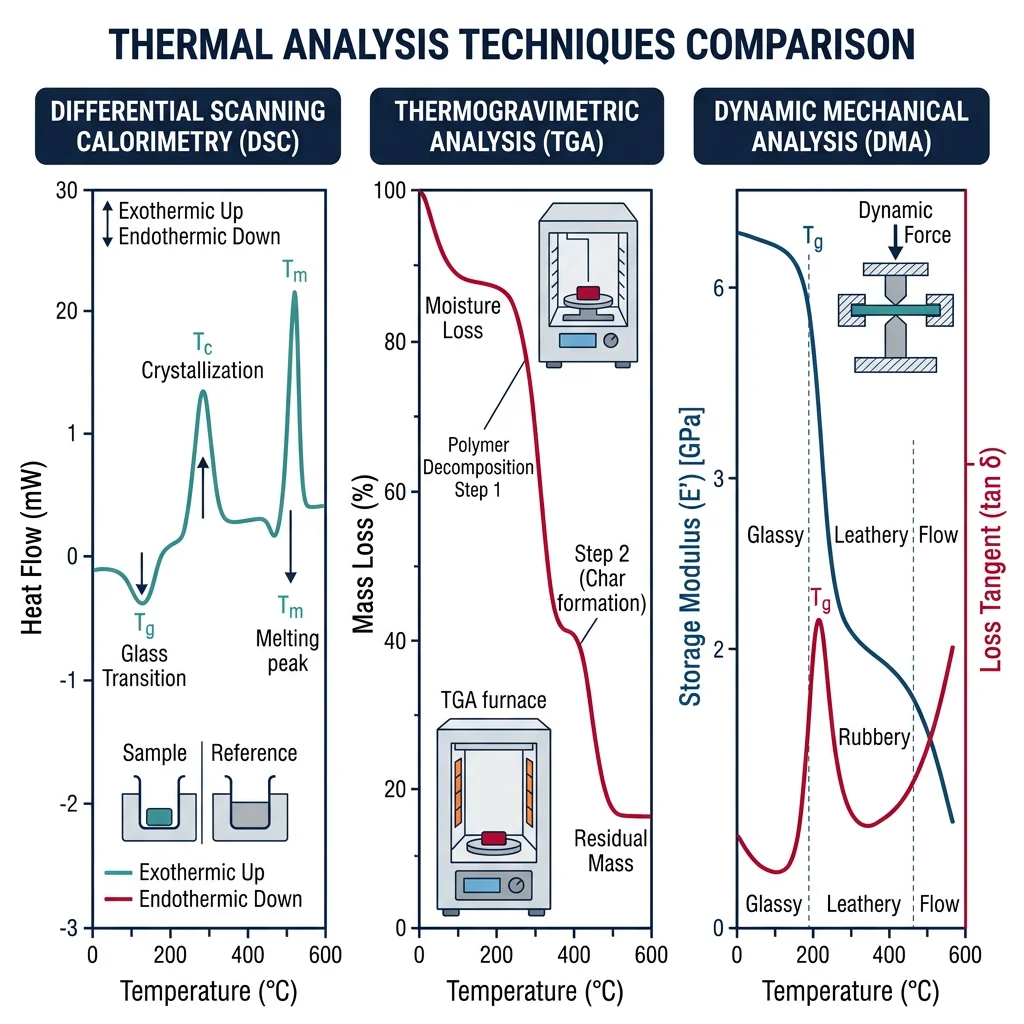 Thermal analysis techniques comparison showing DSC heat flow curves, TGA mass loss steps, and DMA viscoelastic response