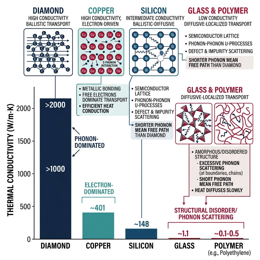 Bar chart comparing thermal conductivity of diamond, copper, silicon, glass, and polymer showing phonon scattering effects