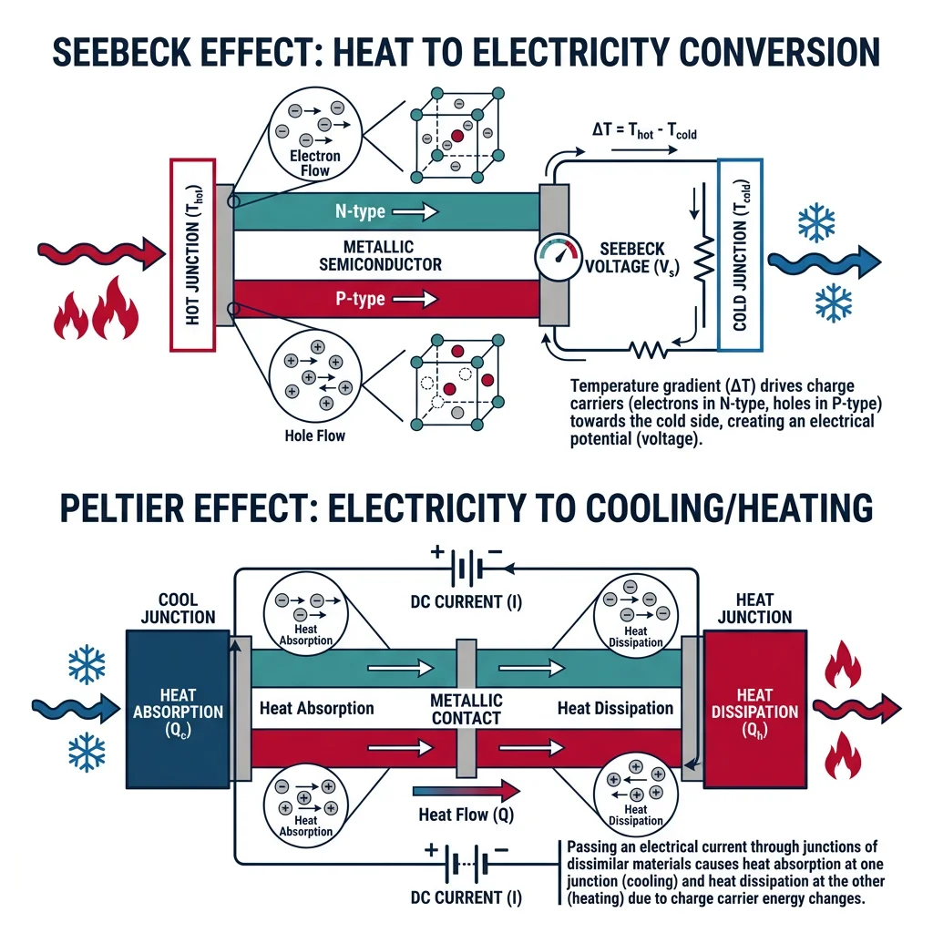 Thermoelectric effect diagram showing Seebeck effect converting heat to electricity and Peltier effect converting electricity to cooling
