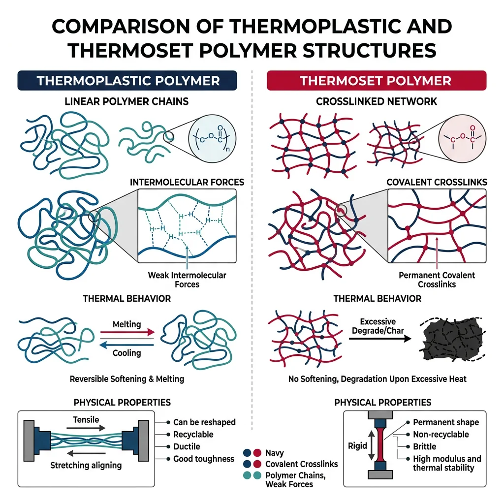 Side-by-side comparison of thermoplastic linear chains with weak intermolecular forces versus thermoset crosslinked network with permanent covalent bonds