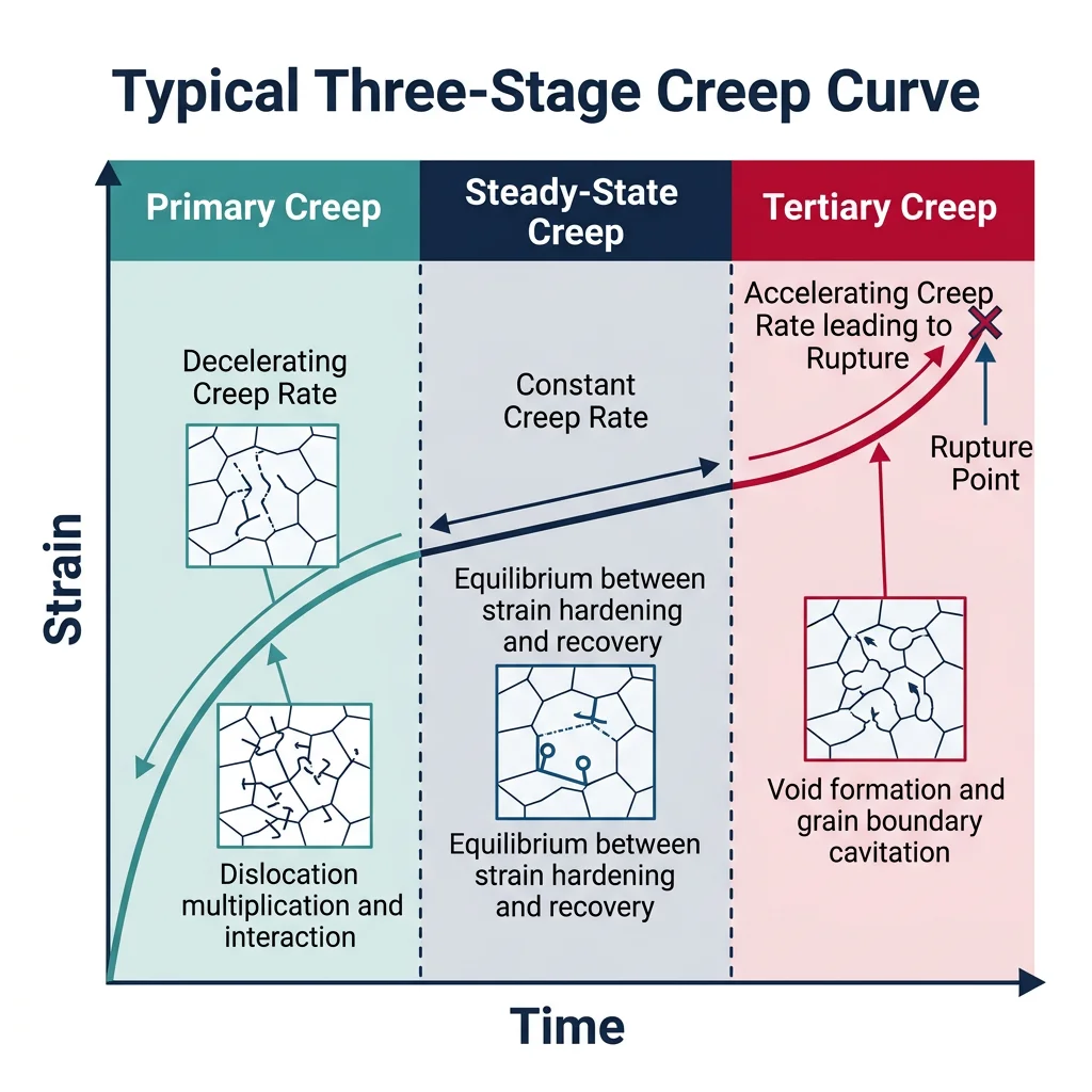 Three-stage creep curve showing primary deceleration, steady-state linear, and tertiary acceleration regions with strain plotted against time