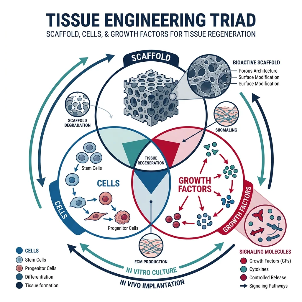 Tissue engineering triad diagram showing scaffold, cells, and growth factor signaling molecules working together for tissue regeneration