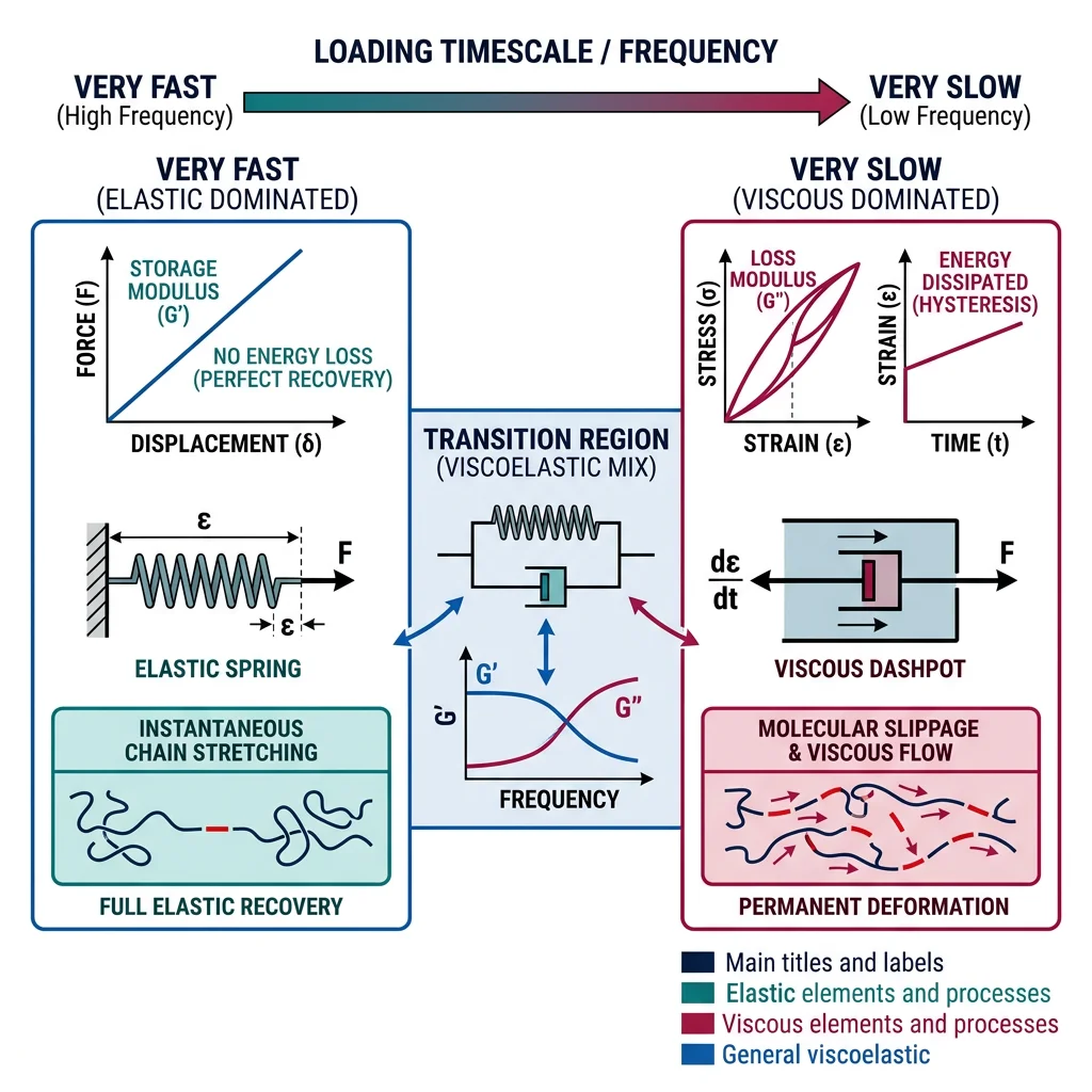 Viscoelastic behavior spectrum showing elastic spring response at fast timescales and viscous dashpot flow at slow timescales