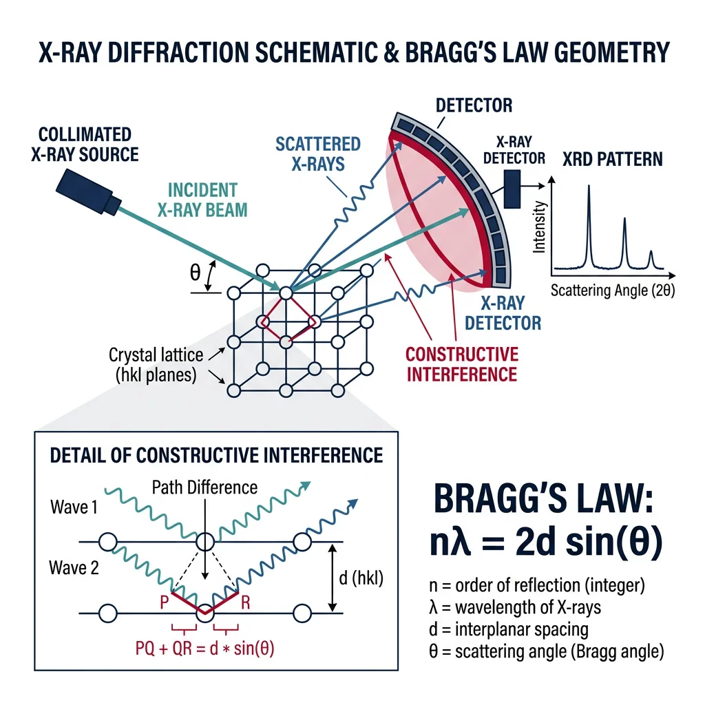 X-ray diffraction schematic showing incident beam, crystal lattice planes, and Bragg's Law geometry with constructive interference