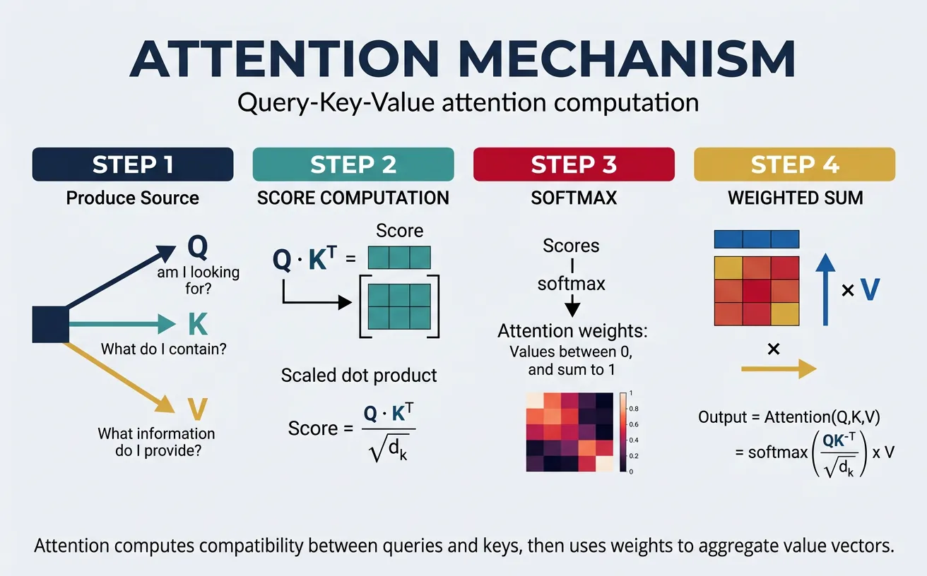 Attention mechanism diagram showing query, key, and value vectors with weighted softmax scores