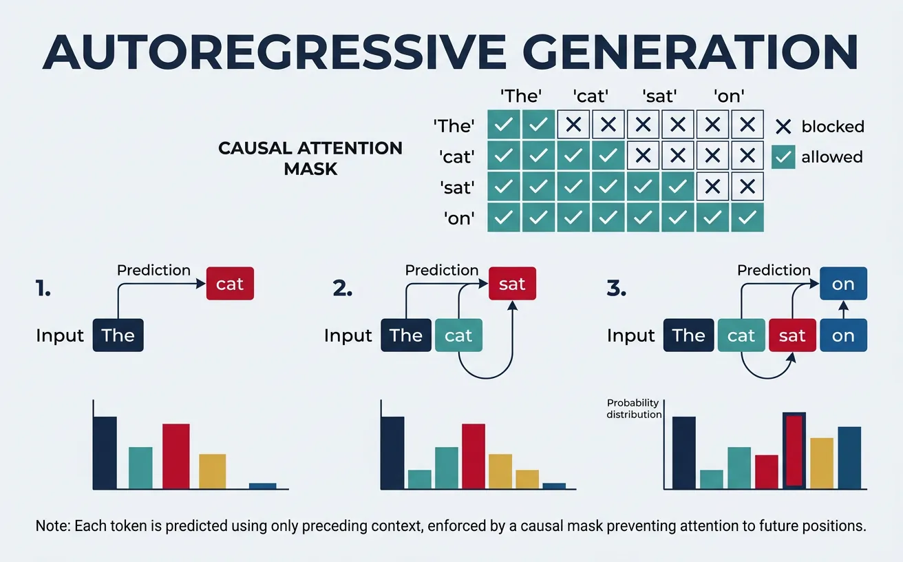 Autoregressive token-by-token generation process with causal attention mask showing left-to-right prediction