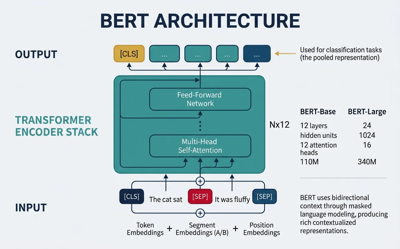 BERT model architecture showing transformer encoder layers, input embeddings with CLS and SEP tokens, and output representations