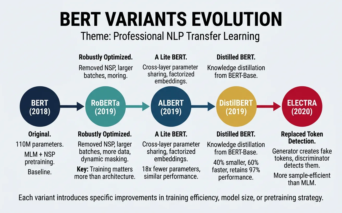 Timeline of BERT variant models including RoBERTa, ALBERT, DistilBERT, and ELECTRA with their key innovations