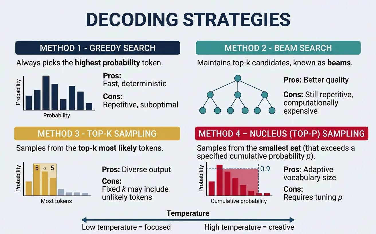 Comparison of decoding strategies showing greedy search, beam search, top-k sampling, and nucleus sampling probability distributions