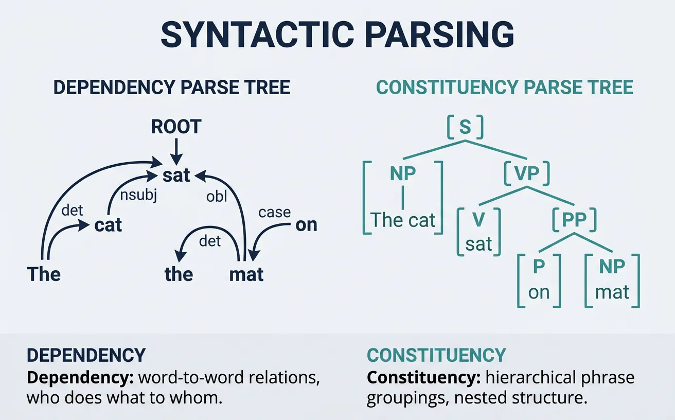 Comparison of dependency parse tree and constituency parse tree for the same sentence