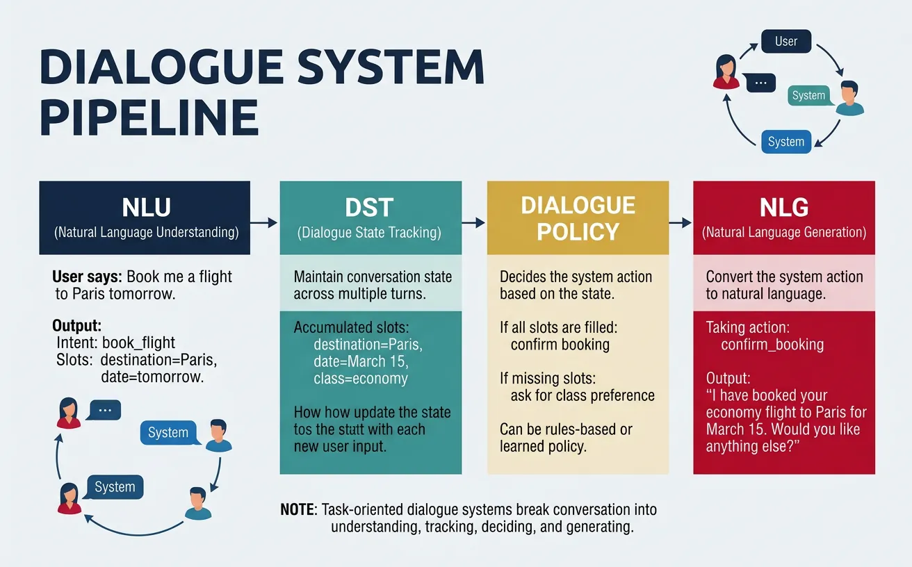 Dialogue system pipeline showing NLU, dialogue state tracking, policy, and NLG components