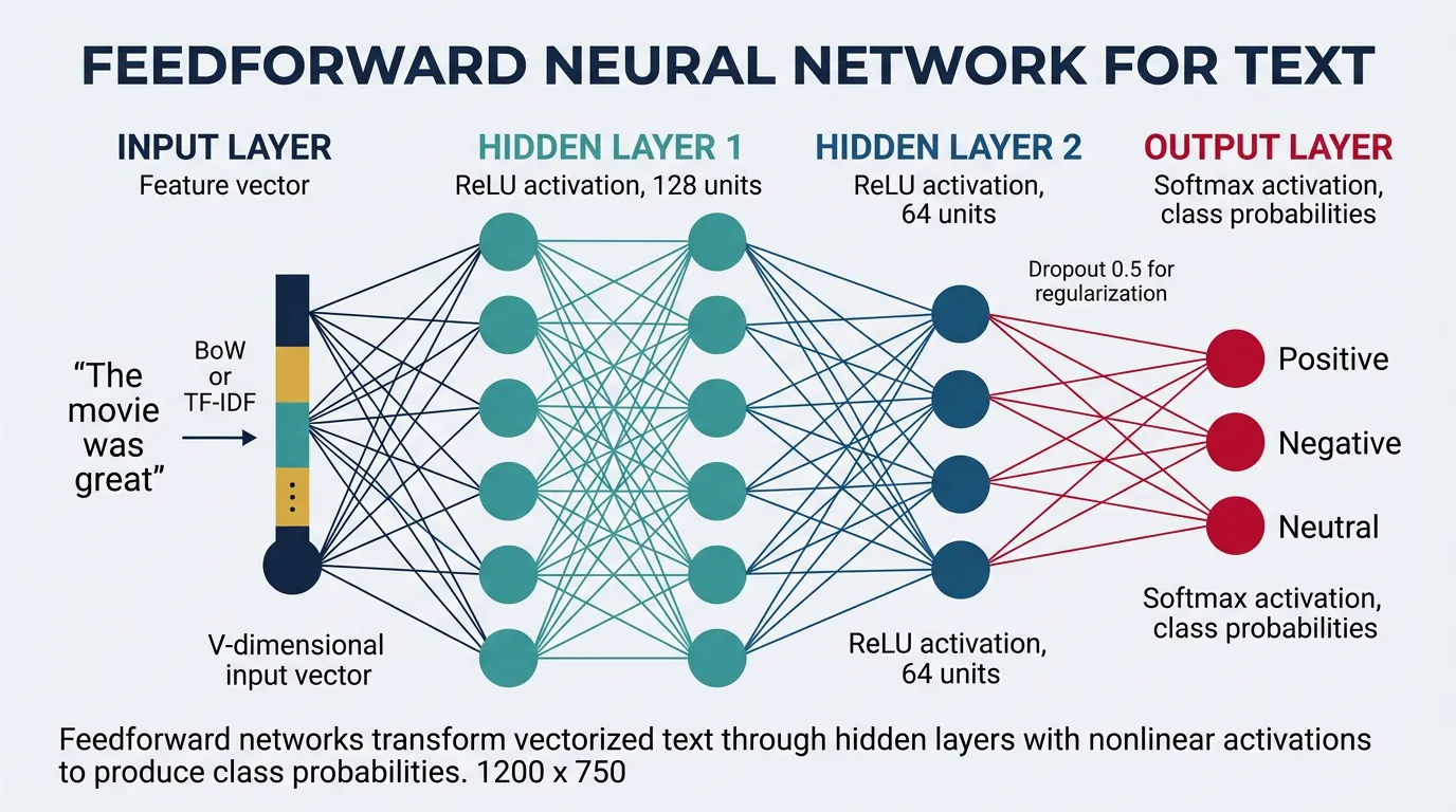 Feedforward neural network architecture with input, hidden, and output layers for text classification