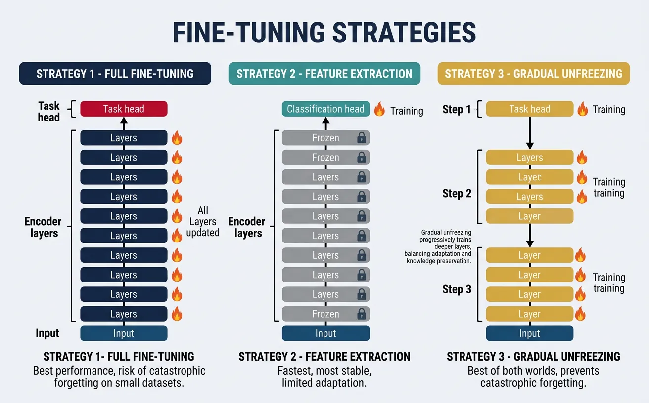 Diagram comparing fine-tuning strategies: full fine-tuning, feature extraction, and gradual unfreezing with frozen and trainable layers