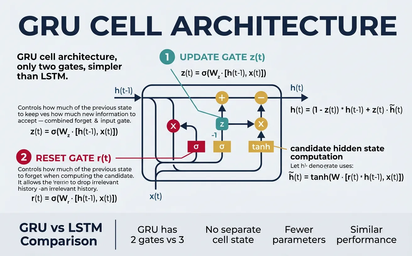 GRU cell architecture with update gate and reset gate controlling hidden state updates