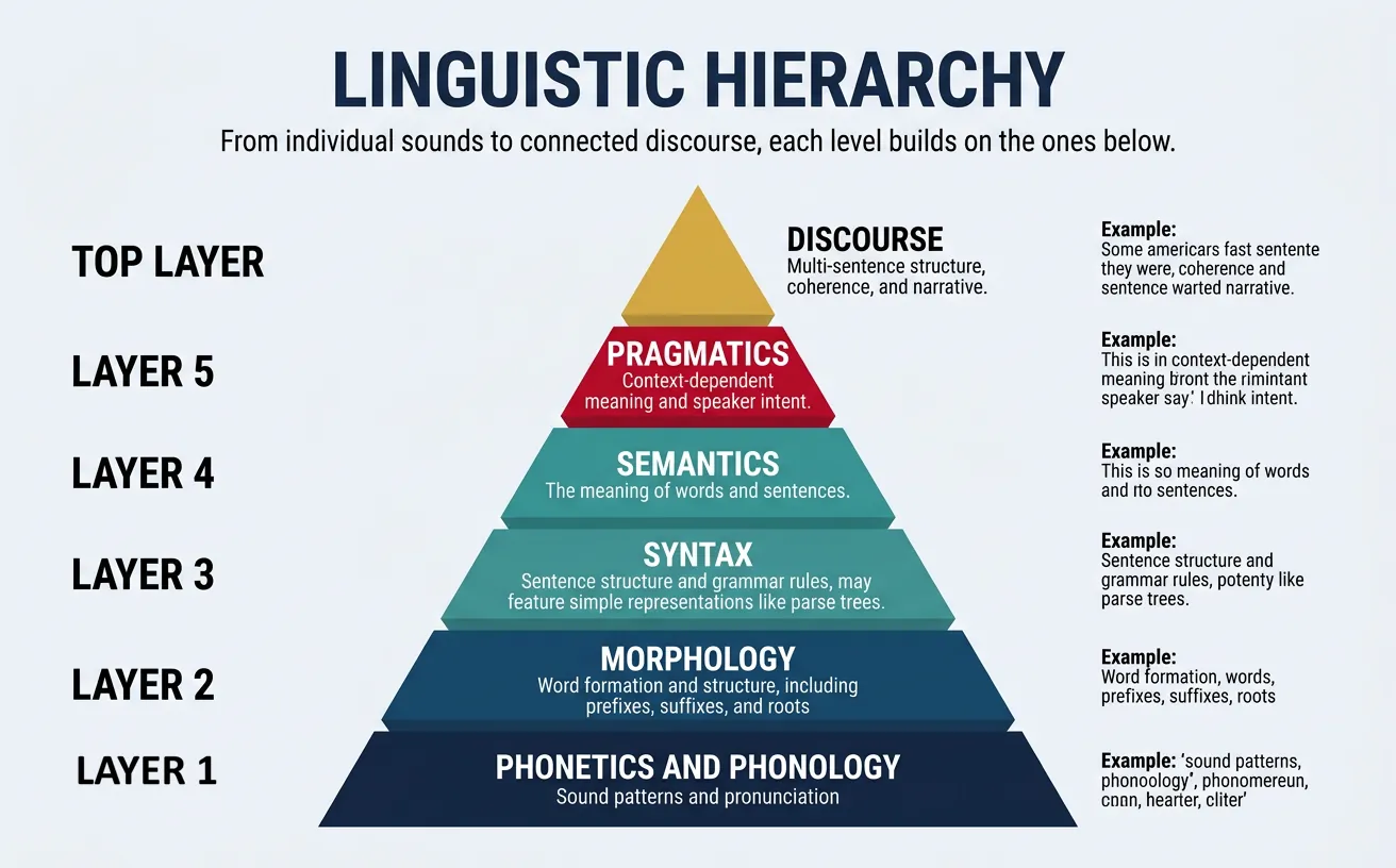 Hierarchical levels of linguistic analysis from phonetics to discourse