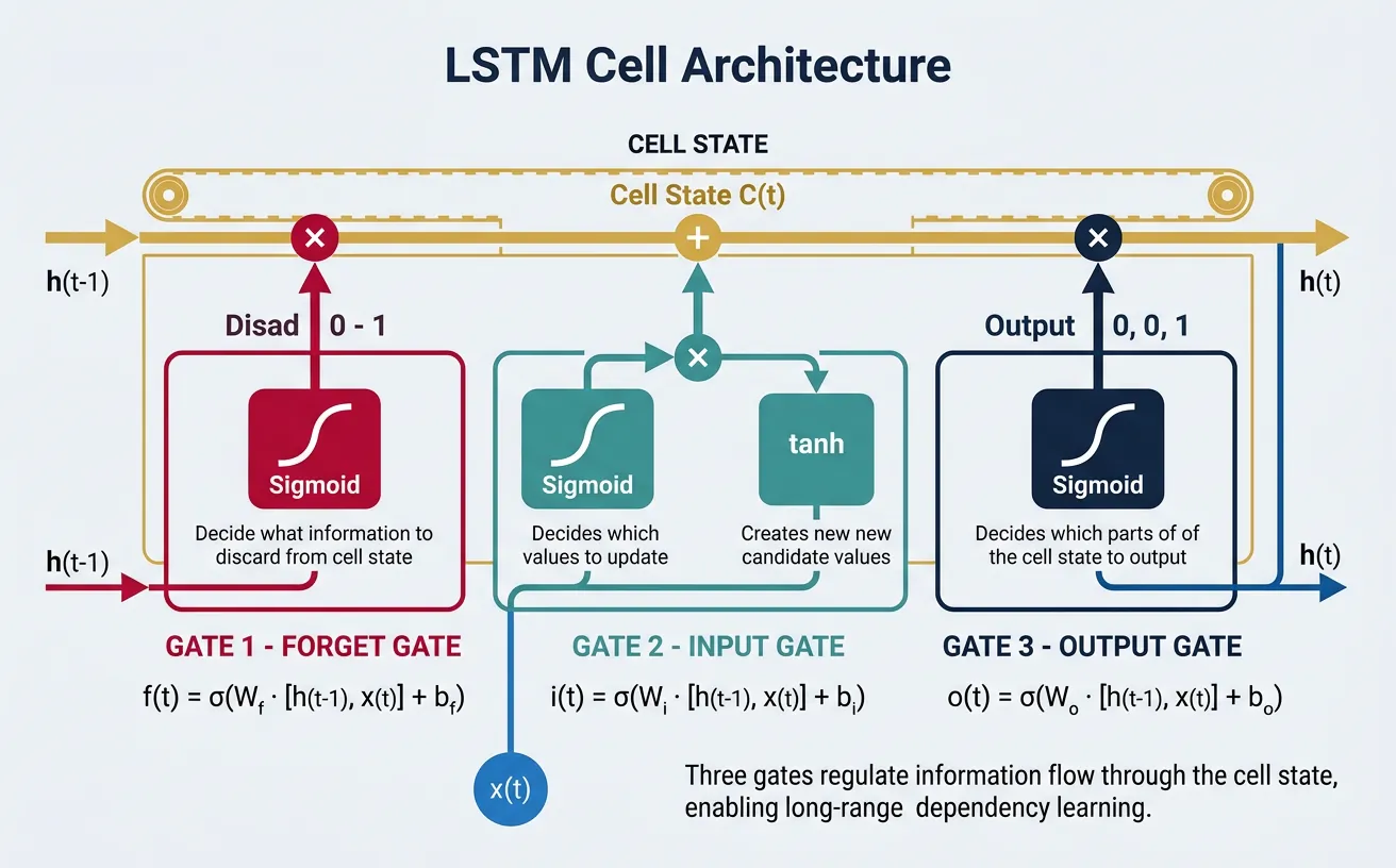 LSTM cell architecture showing forget gate, input gate, output gate, and cell state conveyor belt