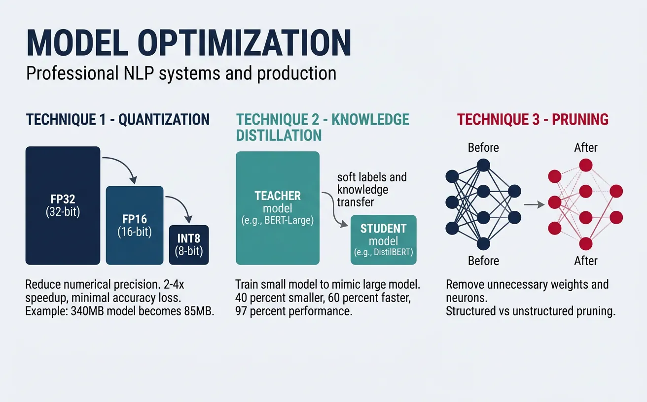 Model optimization techniques including quantization, distillation, and pruning