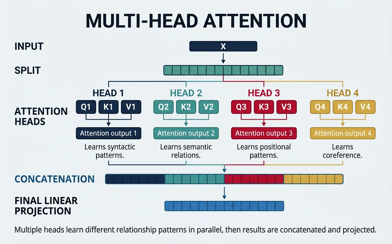Multi-head attention diagram showing parallel attention heads with split projections concatenated and linearly projected