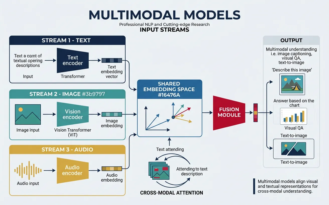 Multimodal model architecture processing text, images, and audio