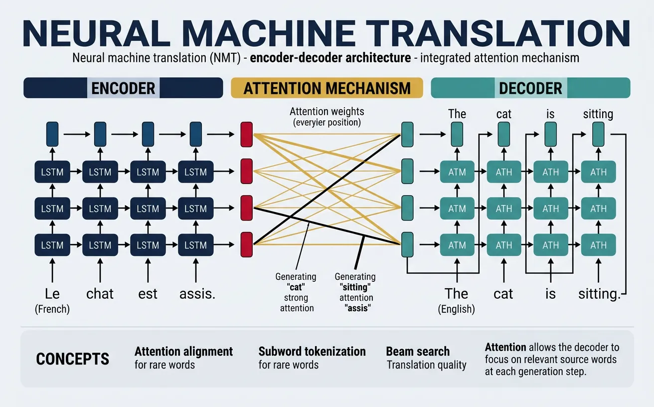 Neural machine translation encoder-decoder architecture with attention showing source and target language processing