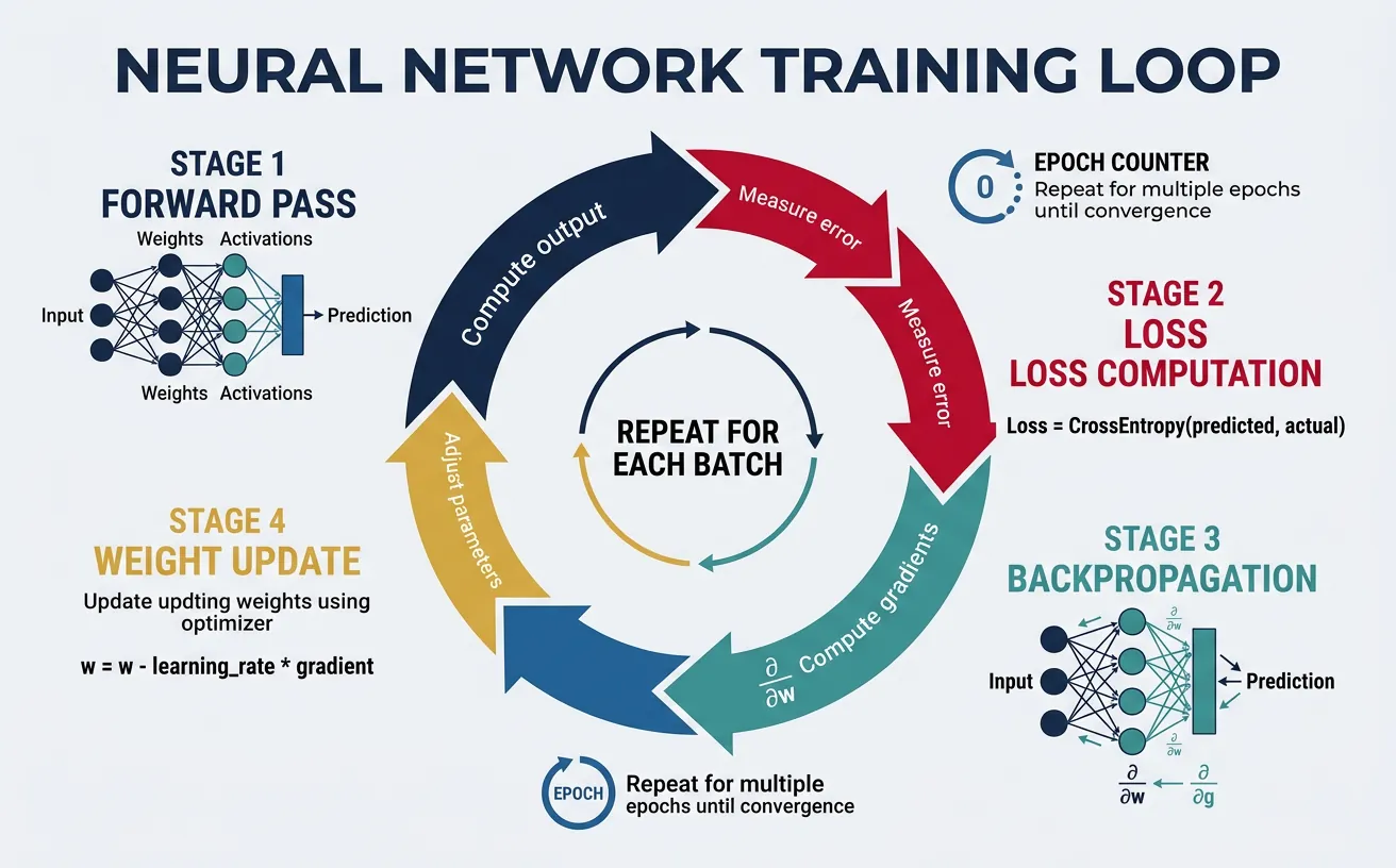 Neural network training loop showing forward pass, loss computation, backpropagation, and weight update steps