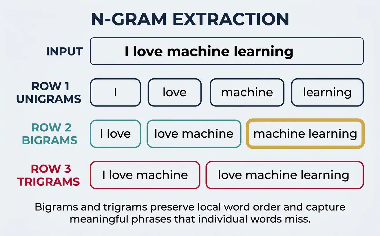 N-gram extraction showing unigrams, bigrams, and trigrams from a sample sentence