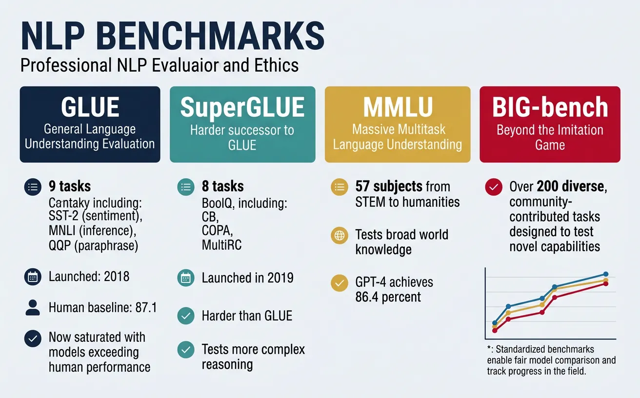 Major NLP benchmarks including GLUE, SuperGLUE, and MMLU