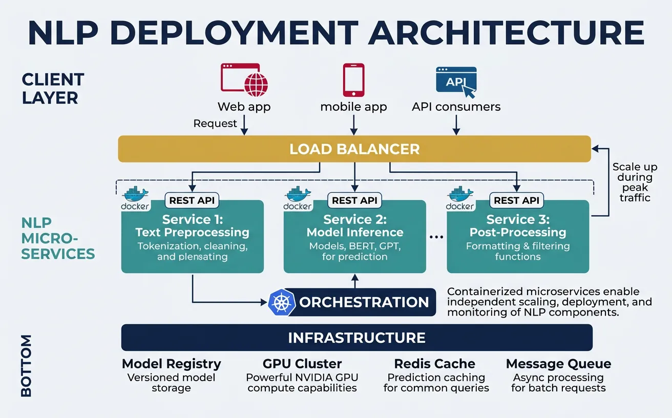 NLP model deployment architecture with containerized microservices
