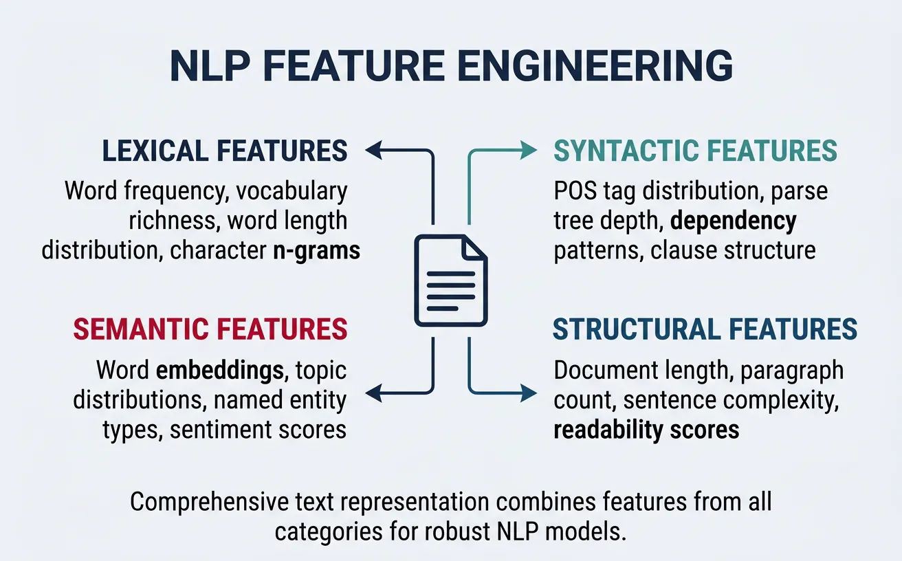 Feature engineering categories for NLP: lexical, syntactic, semantic, and structural features
