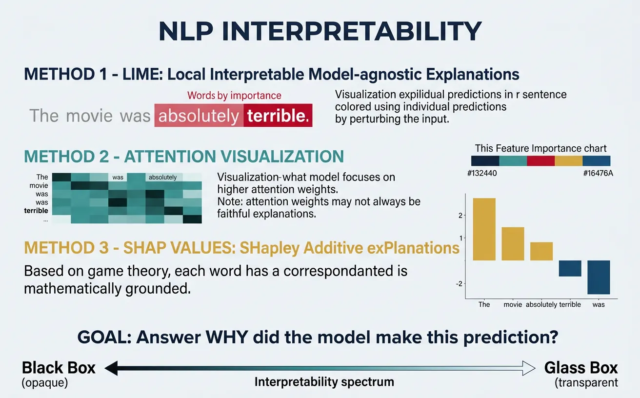 Model interpretability techniques including LIME and attention visualization