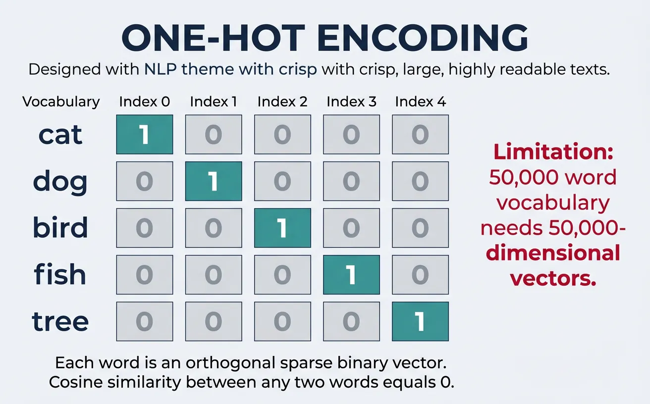 One-hot encoding vectors showing orthogonal binary representations for vocabulary words