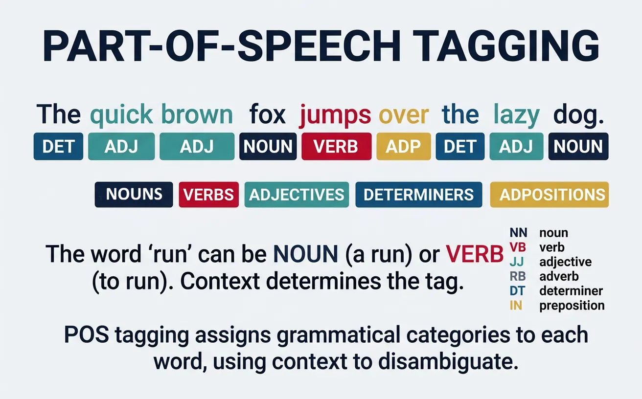 Part-of-speech tagging example showing words annotated with grammatical categories like noun, verb, adjective