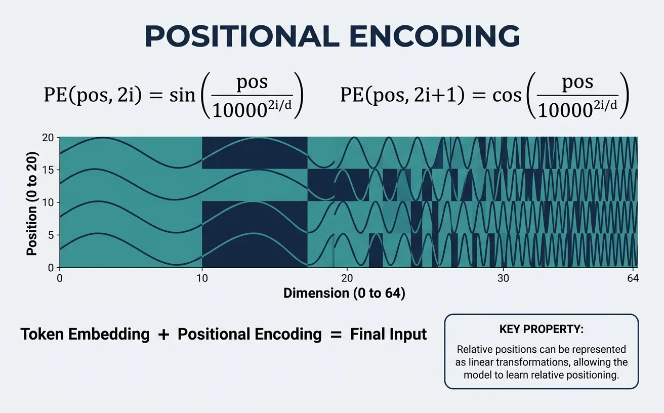 Sinusoidal positional encoding visualization showing sine and cosine wave patterns at different frequencies across positions