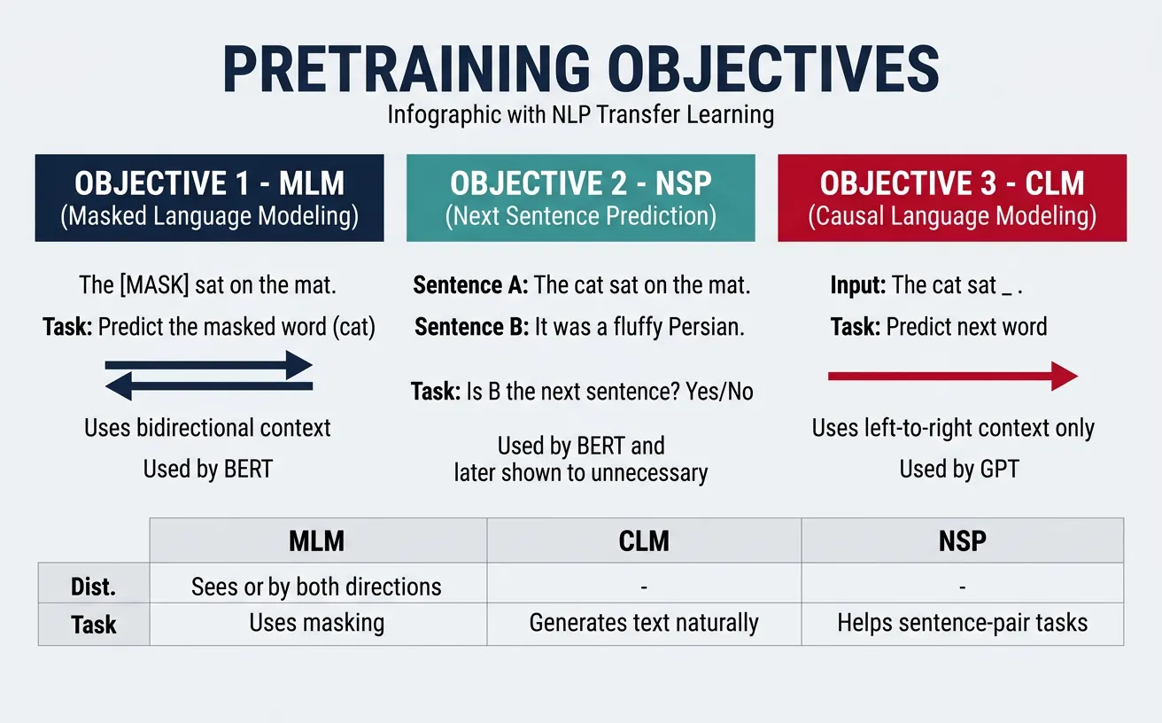 Comparison of pretraining objectives including masked language modeling, next sentence prediction, and causal language modeling