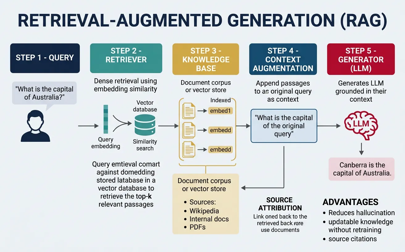 Retrieval-augmented generation pipeline with retriever, knowledge base, and generator