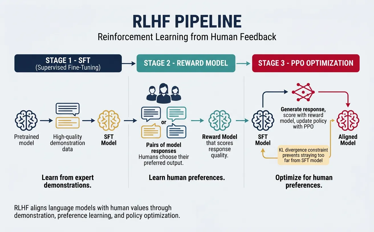RLHF three-stage pipeline diagram showing supervised fine-tuning, reward model training from human preferences, and PPO reinforcement learning optimization