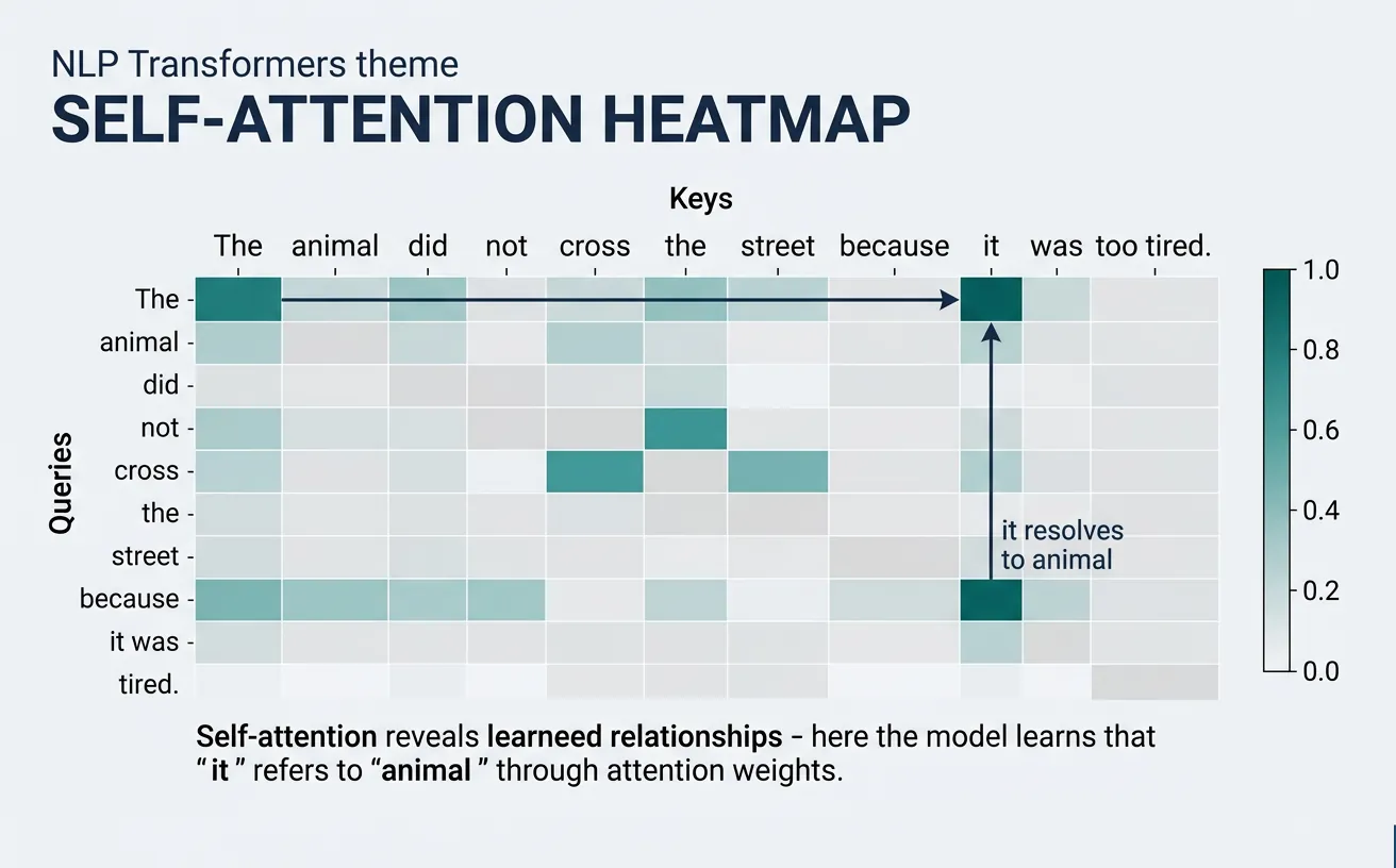 Self-attention heatmap visualization showing how each token attends to every other token in a sentence