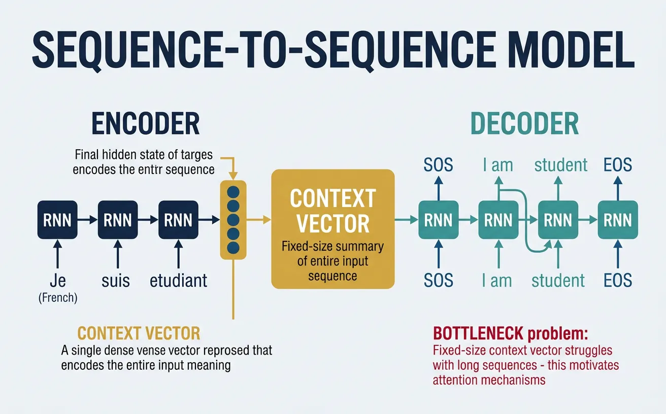 Sequence-to-sequence encoder-decoder architecture with context vector bridging input and output sequences