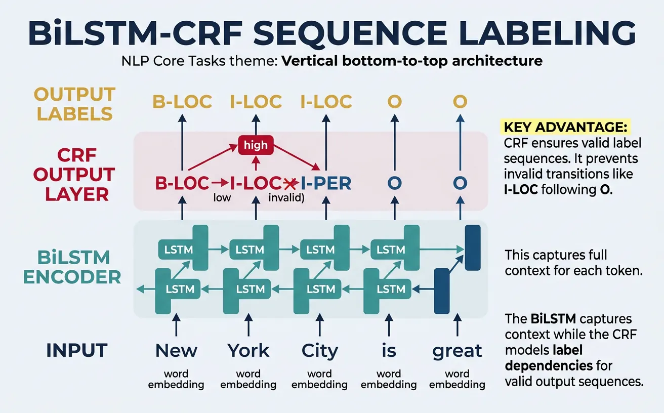BiLSTM-CRF sequence labeling architecture with neural encoder feeding into a structured CRF output layer