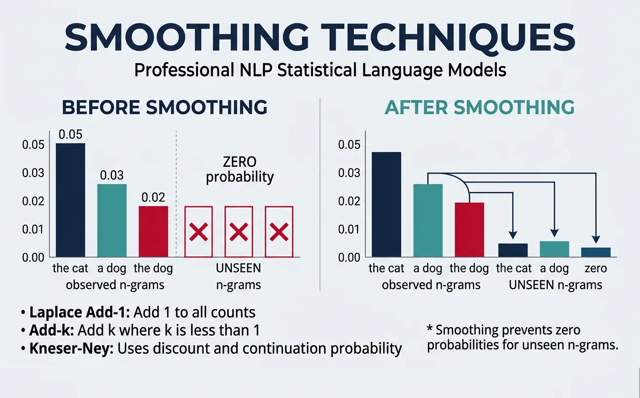 Smoothing techniques redistributing probability mass from seen to unseen n-grams