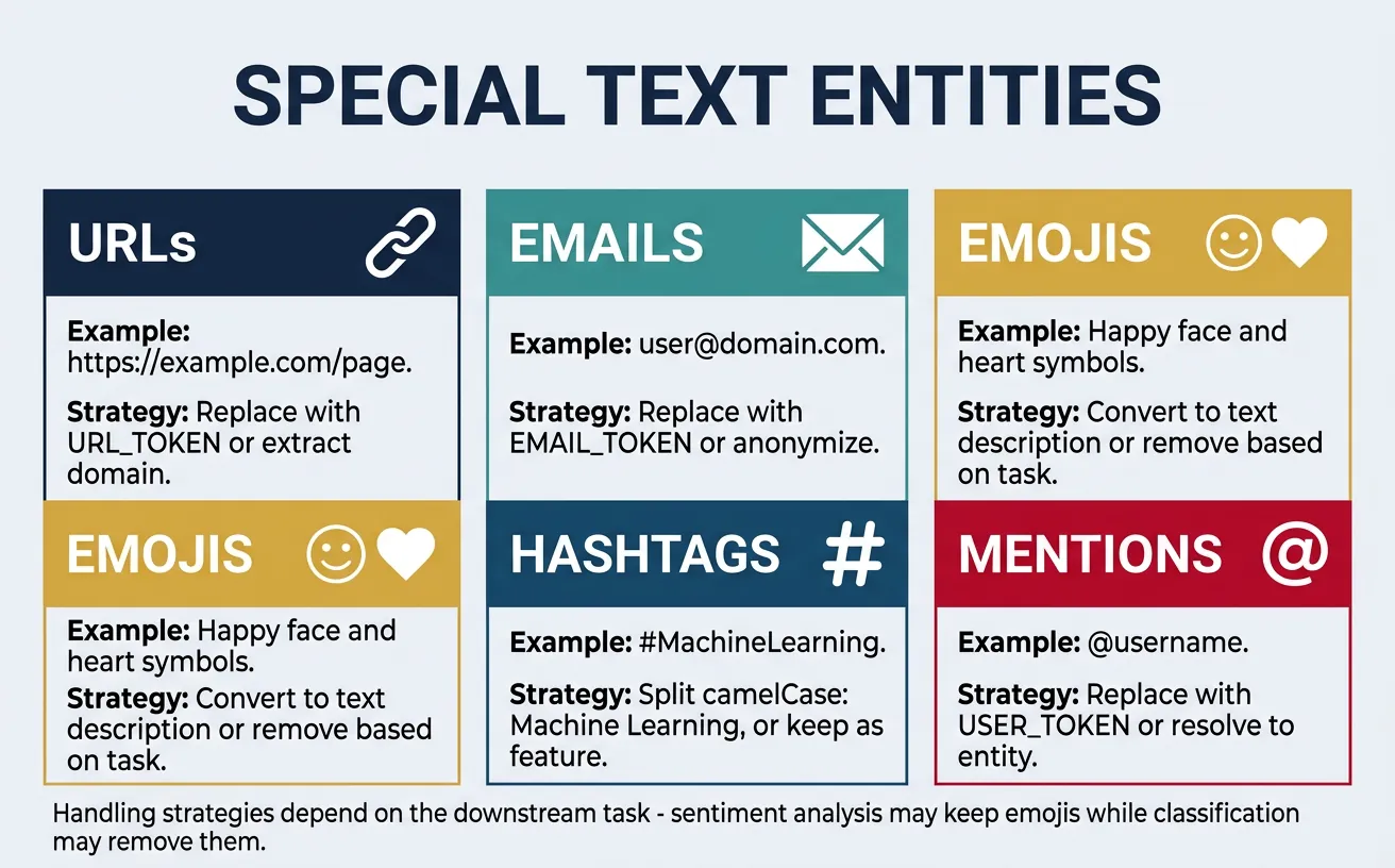 Special text entities including URLs, emails, emojis, hashtags, and mentions with handling strategies