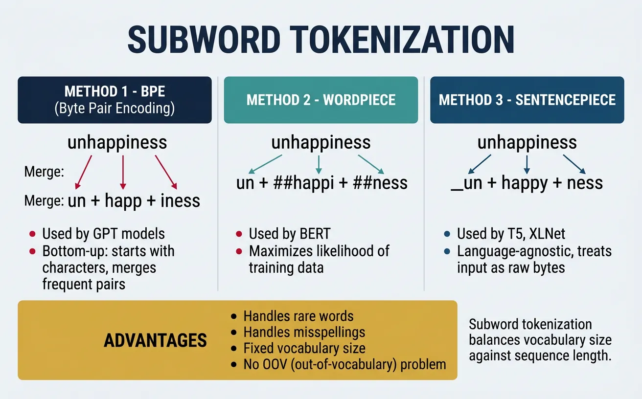 Subword tokenization breaking words into meaningful subunit pieces using BPE