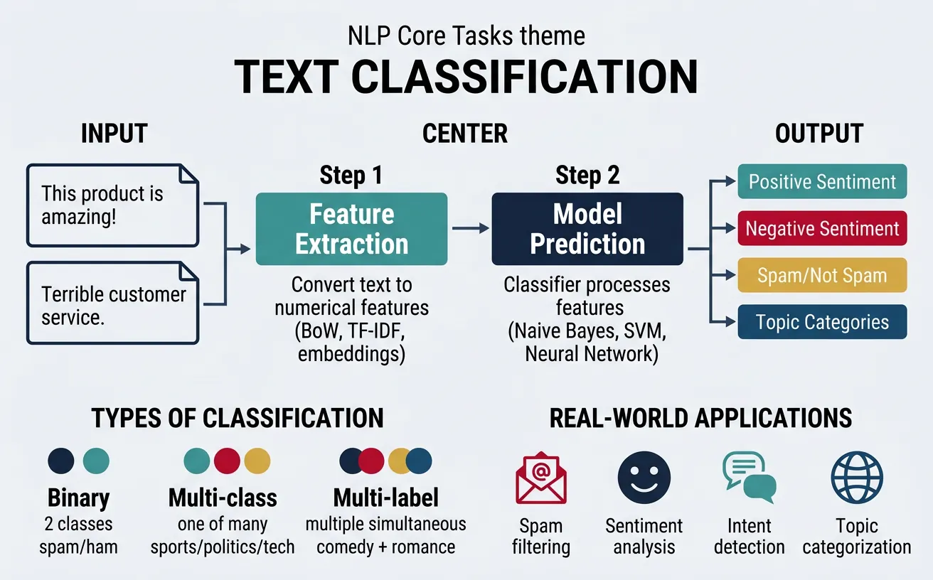 Text classification pipeline showing document input mapped to category labels via feature extraction and model prediction