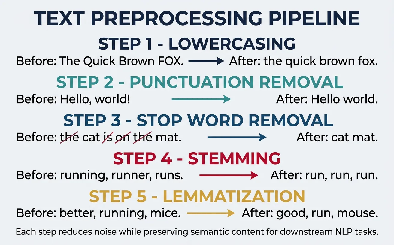 Text preprocessing pipeline showing lowercasing, stopword removal, stemming, and lemmatization steps
