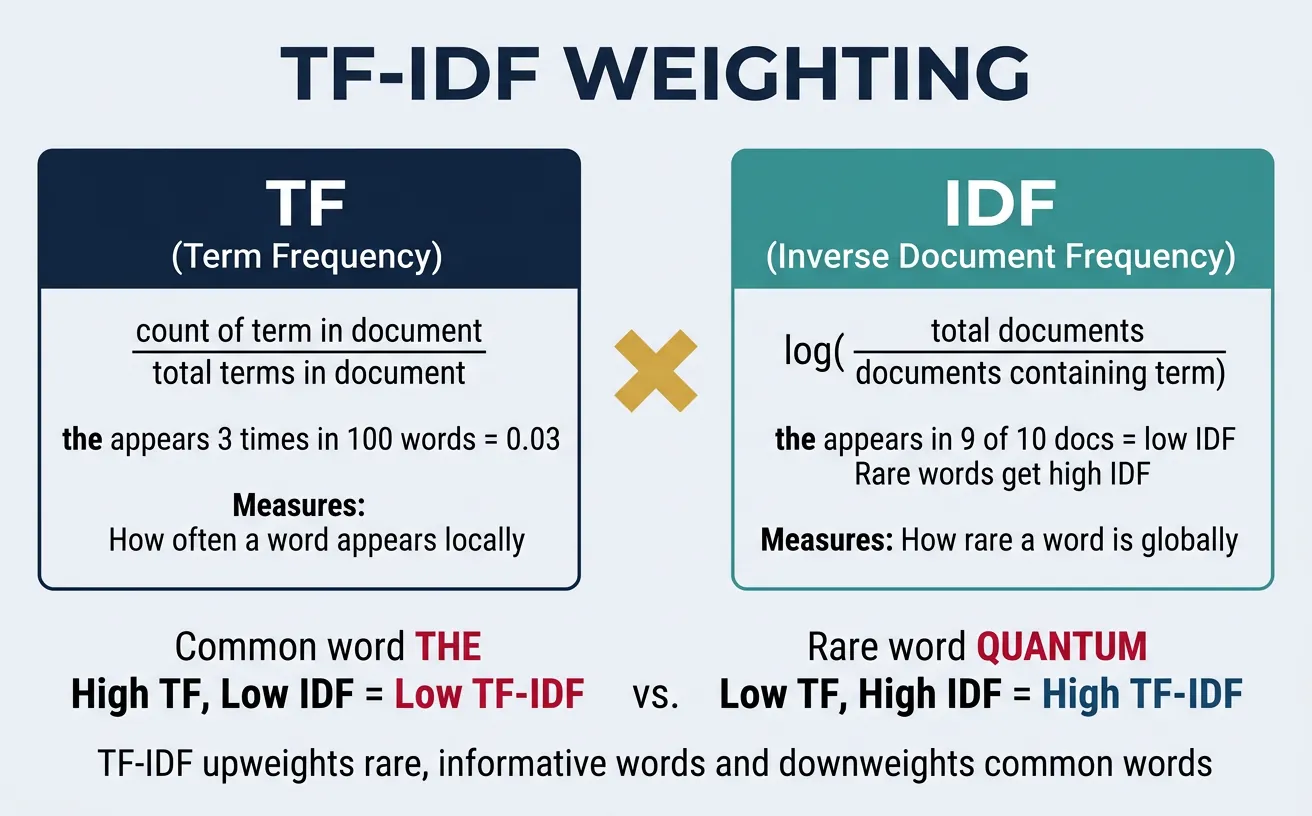TF-IDF weighting formula showing term frequency multiplied by inverse document frequency