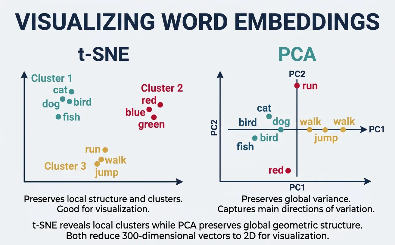 Side-by-side t-SNE and PCA projections of word embeddings showing semantic clusters